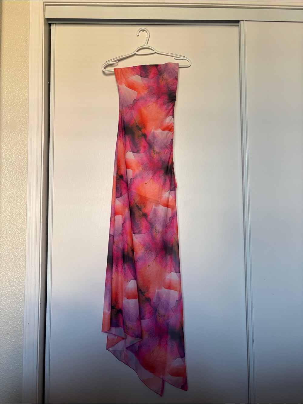 Fashion Nova Strapless Asymmetrical Maxi Dress in Pink and Orange Watercolor